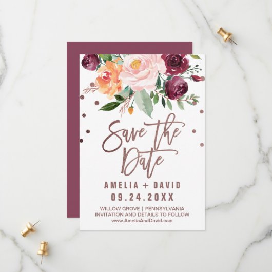 Autumn Floral | Roos Gold Light Save the Date Kaar (Voorkant / Achterkant in situ)