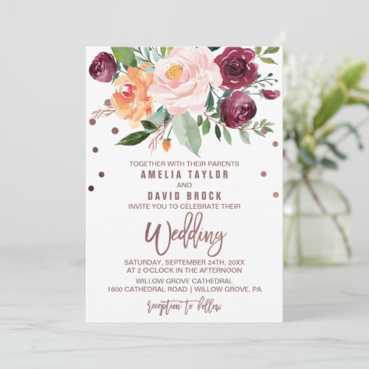 Autumn Floral Roos Gold Light Typography Weddensch Kaart (Staand voorkant)