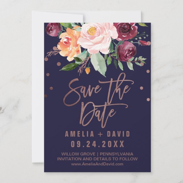 Autumn Floral | Roos Gold Save the Date Kaart (Voorkant)