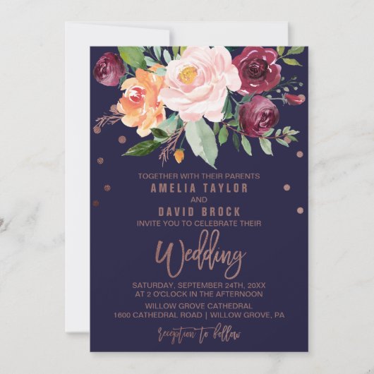 Autumn Floral Roos Gold Typography Backing Wedding Kaart (Voorkant)