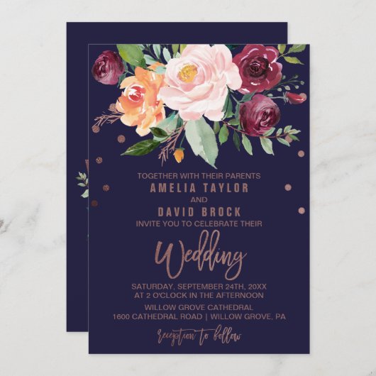 Autumn Floral Roos Gold Typography Backing Wedding Kaart (Voorkant / Achterkant)