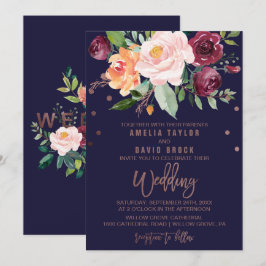 Autumn Floral Roos Gold Typography Backing Wedding Kaart