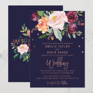 Autumn Floral Roos Gold Typography Backing Wedding Kaart