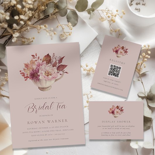 Autumn Floral Teacup Herfst Bridal Display Shower Informatiekaartje