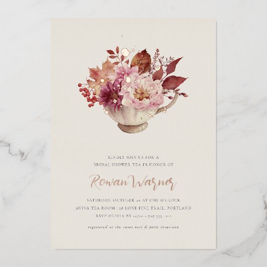 Autumn Floral Teacup Herfst Vrijgezellenfeest Tea Folie Uitnodiging (Voorkant)