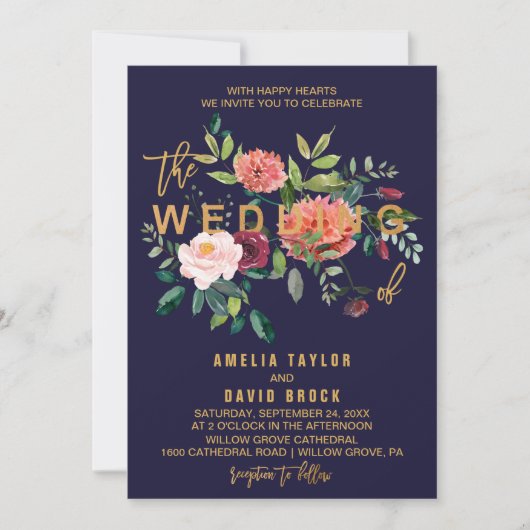 Autumn Floral Typography Wedding Kaart (Voorkant)