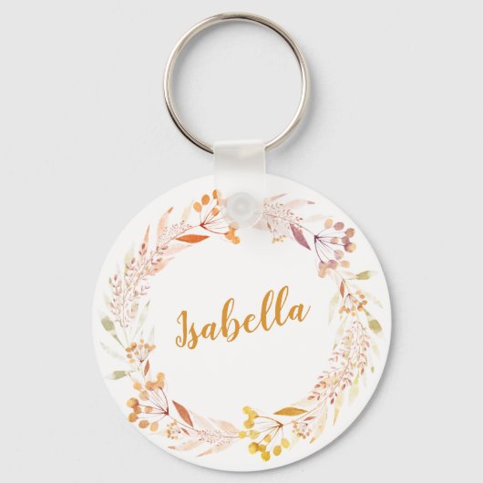 Autumn Floral Waterverf Wreath Boho Personalized Sleutelhanger (Voorkant)