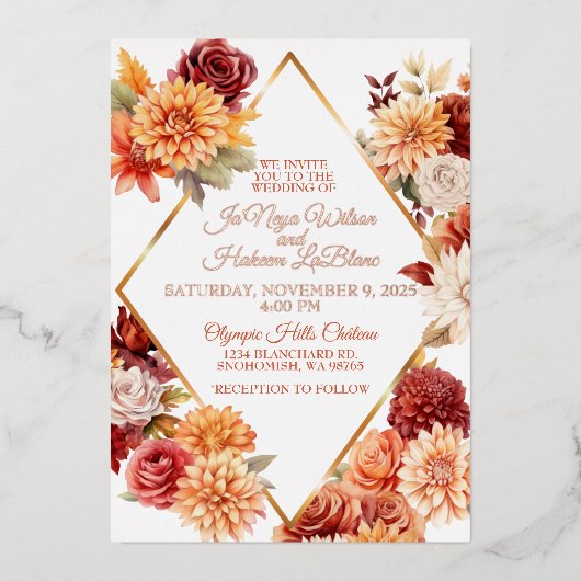 Autumn Floral Wedding Invitation Folie Uitnodiging (Voorkant)