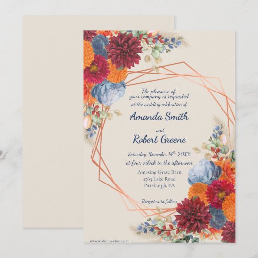 Autumn Floral Wedding Invitation Kaart (Voorkant / Achterkant)