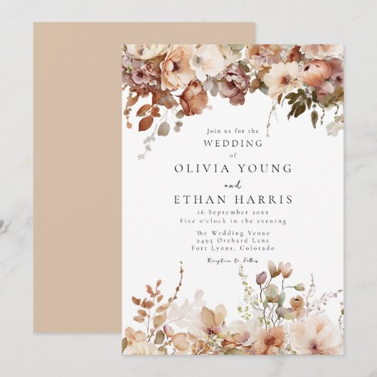 Autumn Floral Wedding Invitation Kaart (Voorkant / Achterkant)