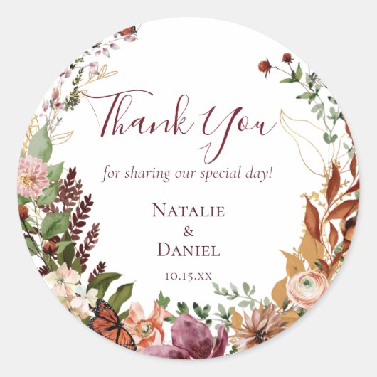 Autumn Floral Wedding Ronde Sticker (Voorkant)