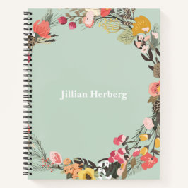 Autumn Floral Wreath op Sage Green met naam Notitieboek