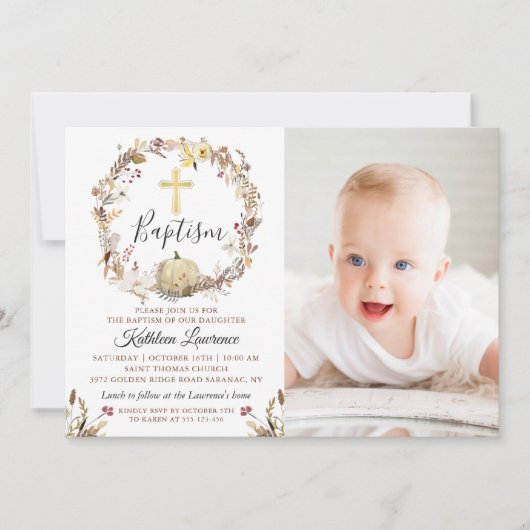 Autumn Floral Wreath Pumpkin Herfst Baptism Foto Kaart (Voorkant)
