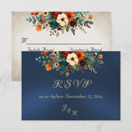 Autumn Floral & Wreath RSVP - Blue Kaartje (Voorkant / Achterkant)