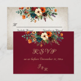 Autumn Floral & Wreath RSVP - Burgundy Kaartje