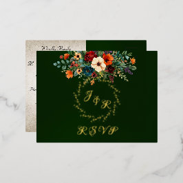 Autumn Floral & Wreath RSVP - Emerald Folie Uitnodiging Briefkaart