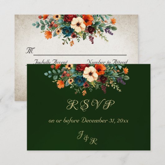 Autumn Floral & Wreath RSVP - Emerald Kaartje (Voorkant / Achterkant)