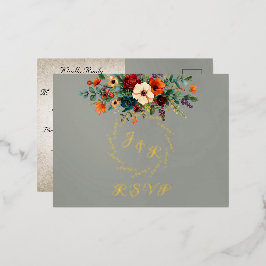 Autumn Floral & Wreath RSVP - Sage Folie Uitnodiging Briefkaart