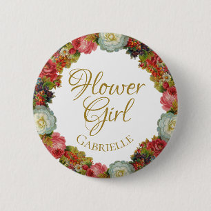 Autumn Floral Wreath Wedding Bloemenmeisje Name Ta Ronde Button 5,7 Cm