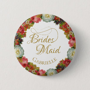 Autumn Floral Wreath Wedding Bridesmaid Name Tag Ronde Button 5,7 Cm