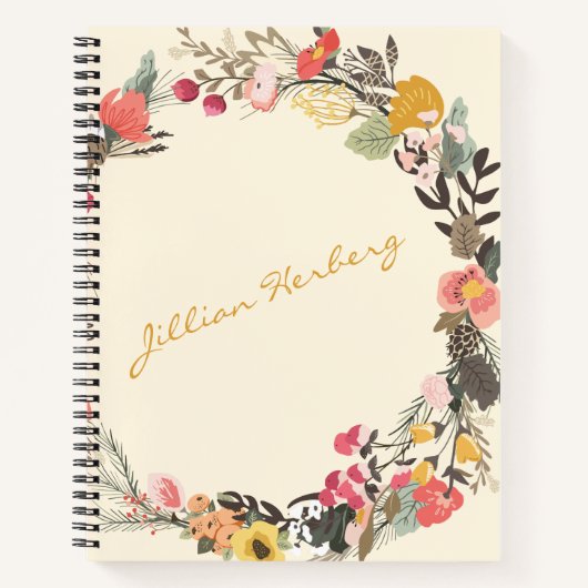 Autumn Floral Wreath Yellow Green met naam Notitieboek (Voorkant)