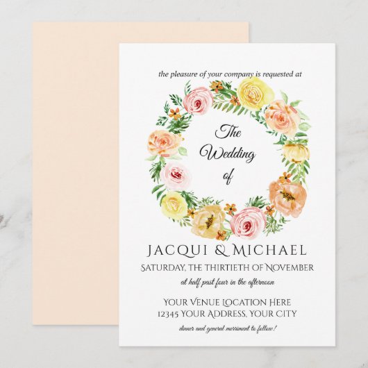 Autumn Floral Wreath Yellow n perzikkleurige Rozen Kaart (Voorkant / Achterkant)