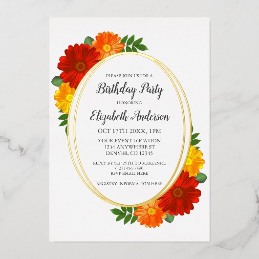 Autumn Florals Birthday Folie Uitnodiging (Voorkant)