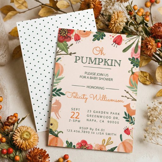Autumn Florals & Foliage Pumpkin Patch Baby shower Kaart