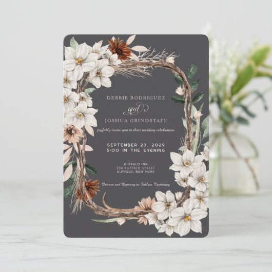 Autumn Flower Frame Wedding Invitation Kaart (Staand voorkant)