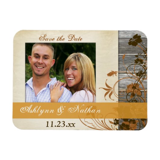 Autumn Flowers, Faux Wood Save the Date Magnet Magneet (Horizontaal)