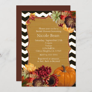 Autumn Flowers & Pumpkin Black Gold Invitations Kaart