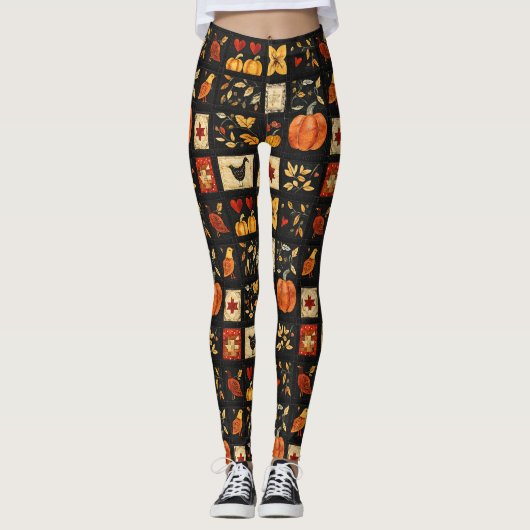 Autumn Folk Art Quilt patroon | Rustieke patchwork Leggings (Voorkant)