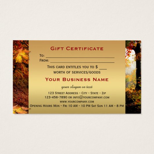 Autumn Forest Gold Gift Certificate Visitekaartje (Achterkant)