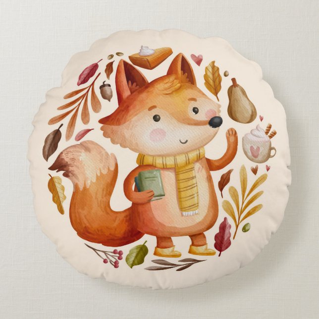 Autumn Fox Rond Kussen (Voorkant)