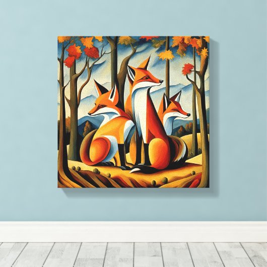 Autumn Foxes Canvas Afdruk (Insitu (Houten vloer))