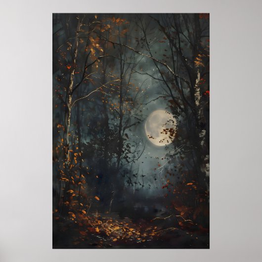 Autumn Full Moon Dark Forest Art Print, Dark Cotta Poster (Voorkant)