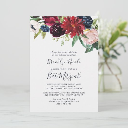 Autumn Garden | Bourgogne Bat Mitzvah Kaart (Staand voorkant)