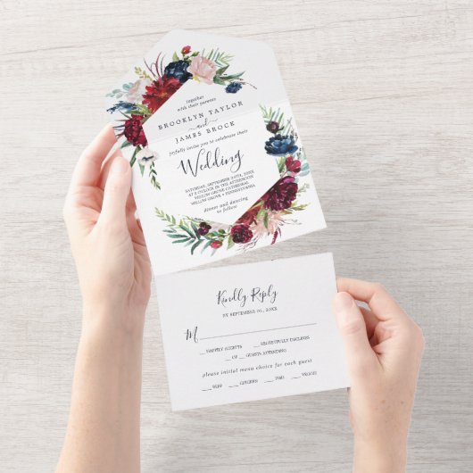 Autumn Garden | Bourgogne bruiloft All In One Uitnodiging (Afscheurbaar)