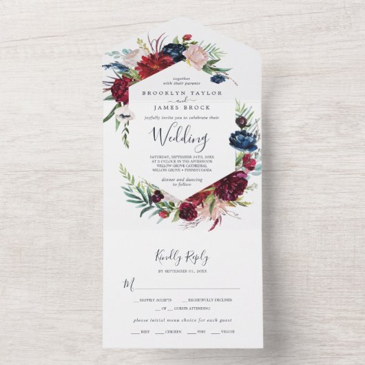 Autumn Garden | Bourgogne bruiloft All In One Uitnodiging (Binnen)