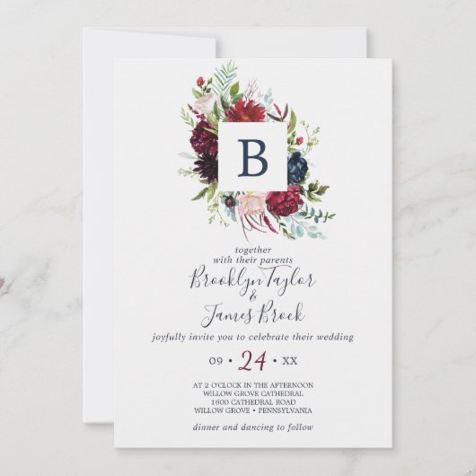 Autumn Garden | Bourgogne Monogram bruiloft Kaart (Voorkant)