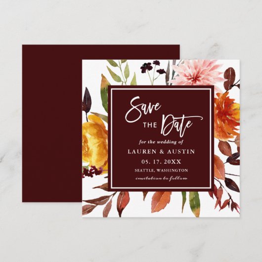 Autumn Garden Burgundy Waterverf Wedding Square Save The Date (Voorkant / Achterkant)