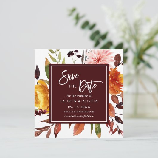 Autumn Garden Burgundy Waterverf Wedding Square Save The Date (Staand voorkant)