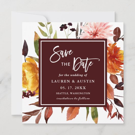 Autumn Garden Burgundy Waterverf Wedding Square Save The Date (Voorkant)