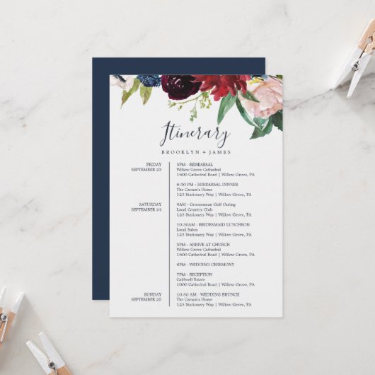 Autumn Garden Burgundy Wedding Itinerary Kaart (Voorkant / Achterkant in situ)