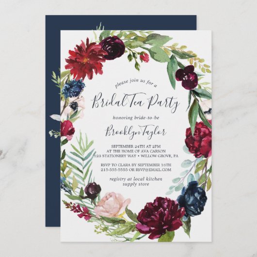 Autumn Garden | Burgundy Wreath Bridal Tea Party Kaart (Voorkant / Achterkant)