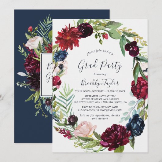 Autumn Garden | Burgundy Wreath Graduation Party Kaart (Voorkant / Achterkant)