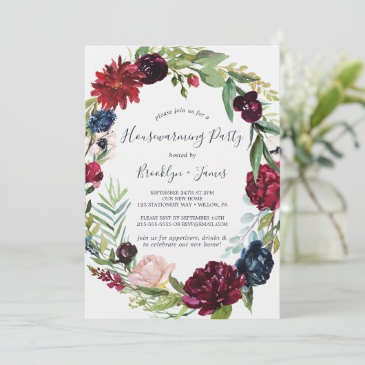 Autumn Garden | Burgundy Wreath Housewarming Party Kaart (Staand voorkant)