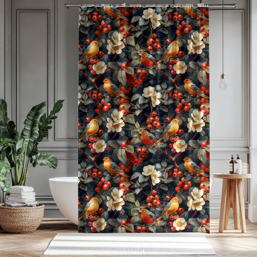 Autumn Garden Curtain Birds Flowers for Their Bath Douchegordijn