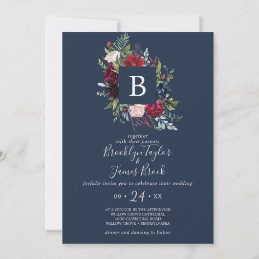 Autumn Garden | Navy Blue Monogram Weddenschap Kaart (Voorkant)