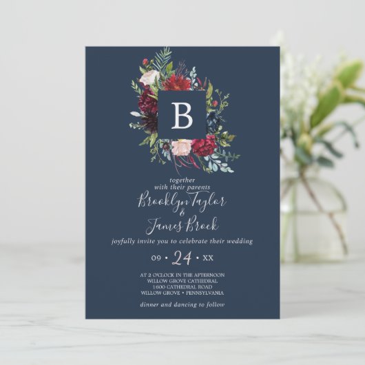 Autumn Garden | Navy Blue Monogram Weddenschap Kaart (Staand voorkant)